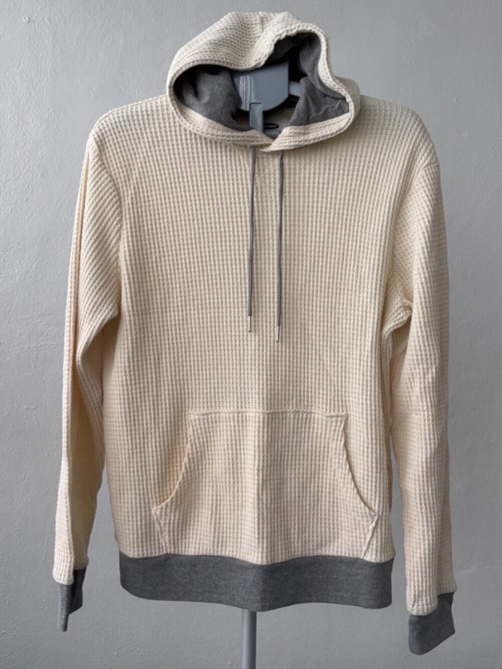 Old Navy Waffle Knit Contrast Trim Pullover Hoodie Cream Ivory Charcoal Gray L